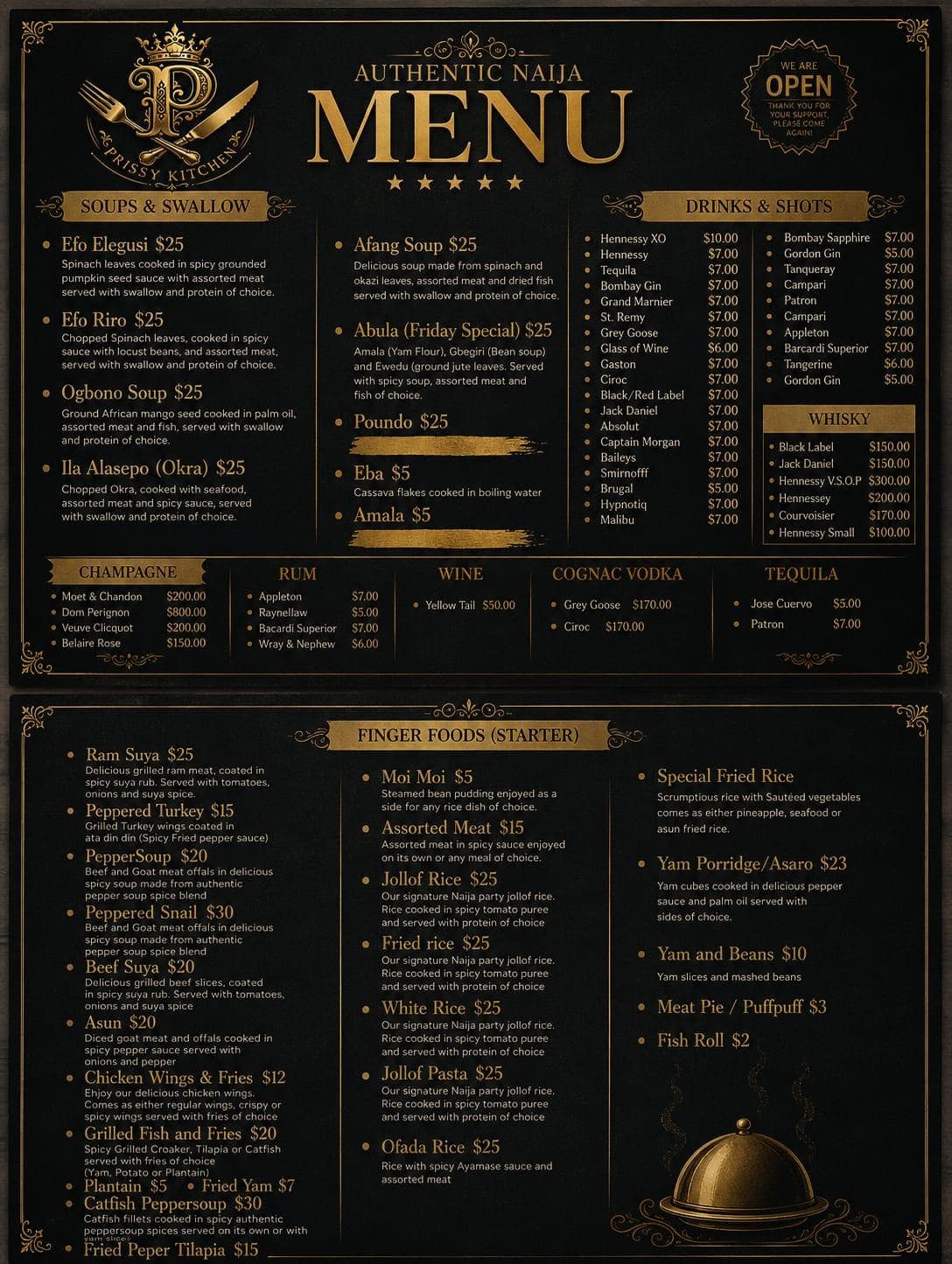 Printed Prissy Kitchen menu